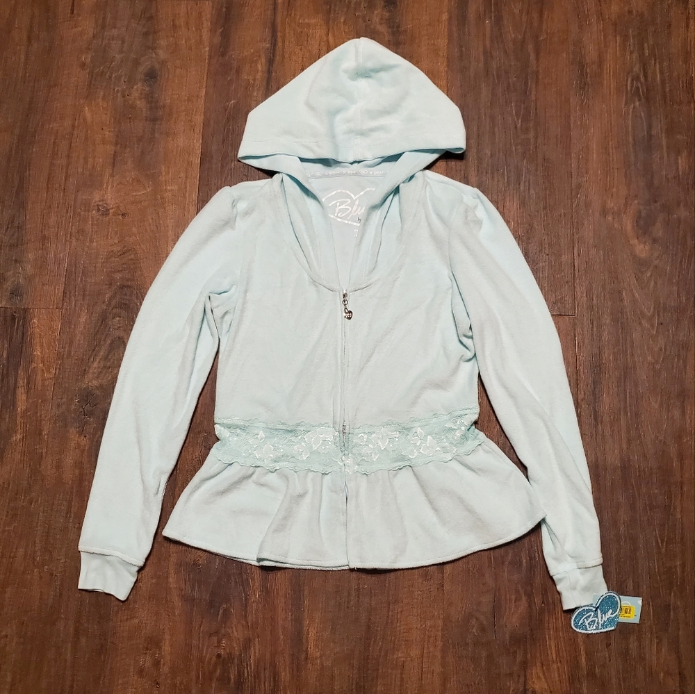 Betsey Johnson S Bridal Wifey Blue Ruffle Lace Terrycloth Track Jacket
